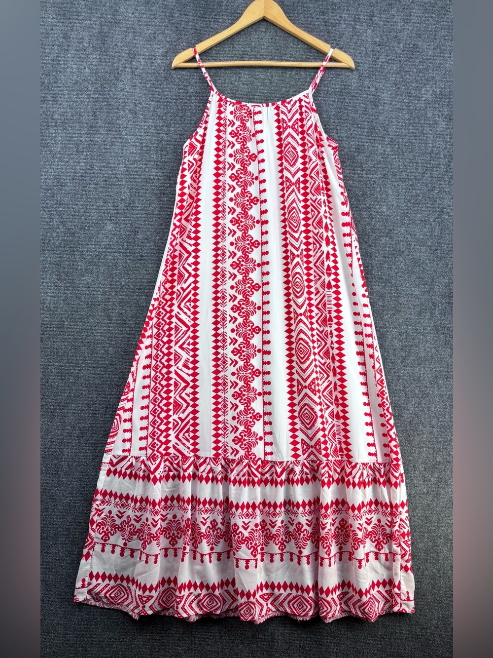 Red & White Geometric Resortwear Vacation Maxi Dress Women’s M